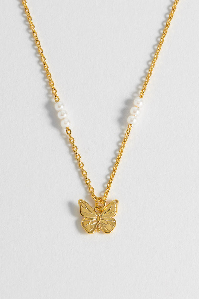 Pearl And Butterfly Necklace - Gold Plate